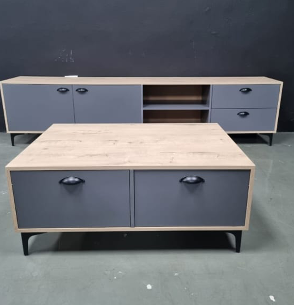 Grey-on-Oak Coffee Table & TV Stand Combo